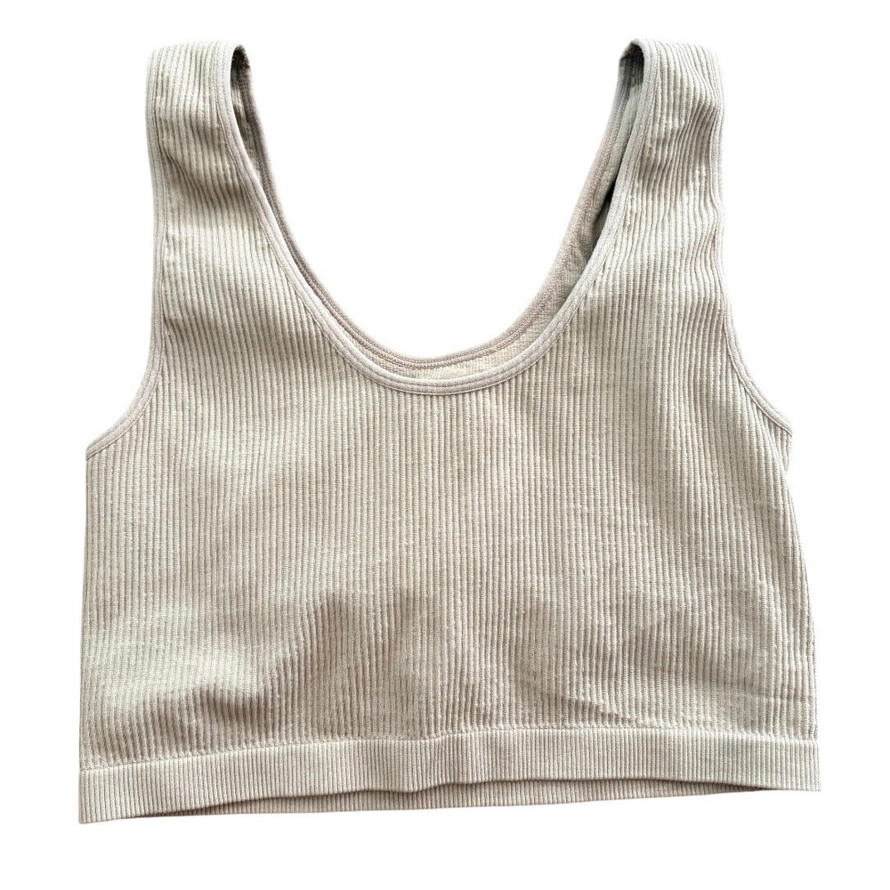 Forever 21 Crop Top Womens M Tan Ribbed Seamless Scoop Neck Athleisure Stretch